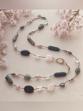 Silpada Pink and Black Mixed Stone Long Necklace  35” inches N1796